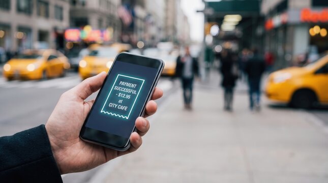 Instant payment nfc smartphone concept. Hand holding smartphone showing taxi app on a busy city street