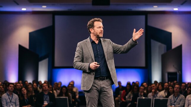 Confident Male Speaker Gesturing While Presenting to Audience in Conference Hall with Stage Lighting
