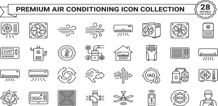 Air Conditioning icon set. Containing fan, wind, blow, air conditioner, cooling appliance, cooling fan, air cleaner, climate control, heating, and more. Editable line icons. Vector