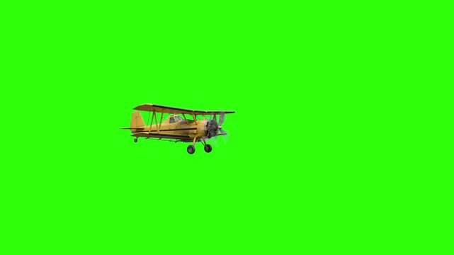 A classic vintage yellow biplane aircraft flies steadily in profile view with a rapidly spinning propeller. Isolated on a solid chroma key green screen background, this 3D animation asset is perfect f
