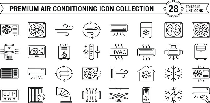 Air Conditioning icon set. Containing fan, wind, blow, air conditioner, cooling appliance, cooling fan, air cleaner, climate control, heating, and more. Editable line icons. Vector