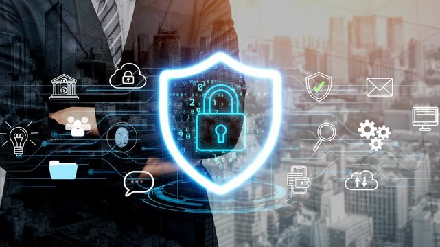 Professional Businessman Overseeing Digital Security with Lock Symbol, Icons Representing Data Protection and Cybersecurity Measures in Urban Environment. Entropy.
