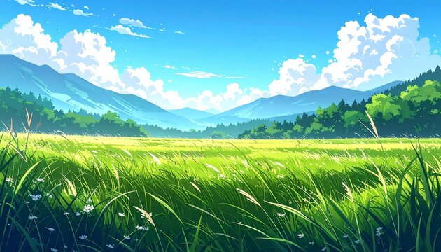 Sunny Summer Meadow with Green Grass Field, Blue Sky and Mountains - Peaceful Wallpaper Nature Landscape Digital Art Background