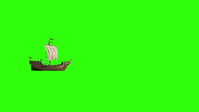 A traditional 2D animated wooden sailboat or caravel with a large single white sail cruises steadily across the frame. Set against a solid chroma key green screen background, this asset is perfect for