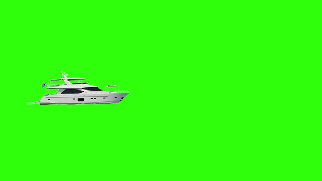 A sleek, luxury white motorboat or speed yacht sails forward in profile view across a flat chroma key green screen background. Designed for loopable integration into casual sea navigation videos, holi
