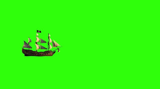 A wooden 2D animated old-fashioned sailing ship with large canvas sails cuts across a bright chroma key green screen background. Ideal for drag-and-drop video composite overlays in pirate-themed adven