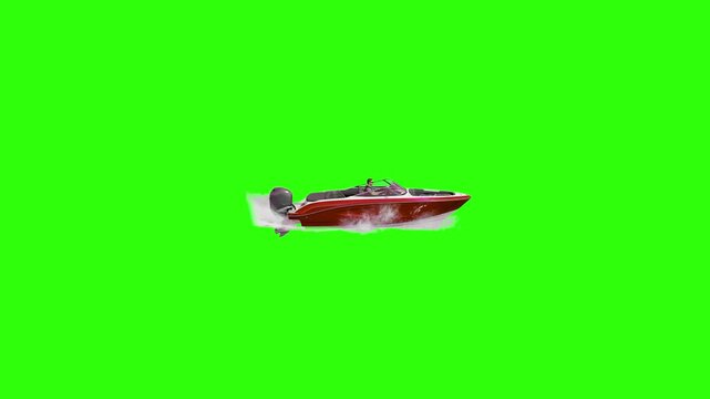 A modern red and white outboard motor speedboat cruises fast, creating realistic white water spray and wake. Placed on a flat chroma key green screen, this 3D watercraft model is optimized for high-sp