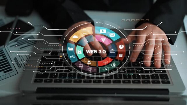 Person Typing on Laptop with Web 3.0 Symbol Graphic Overlaid Representing Digital Innovation, Communication, and Technology Trends. Entropy.