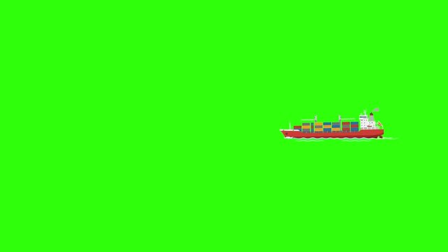 A red global logistics container cargo ship moves across a bright chroma key green screen background. This loopable 2D animated freight vessel is ideal for international trade, delivery networks, and 