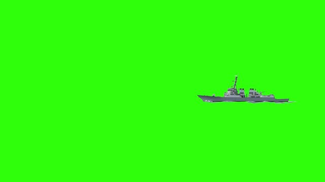 A grey 2D vector warship cruises in profile view against a flat green screen backdrop. Designed for modern tactical battle game graphics or stylized naval warfare video animations.