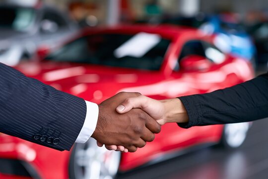 Two businesspeople shake hands, signing a car purchase deal in a dealership