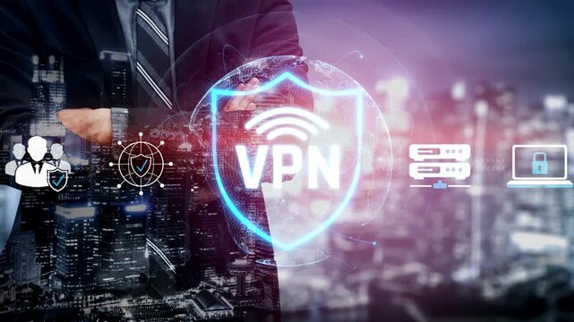 Professional Businessman Overlooking Modern City with VPN Conceptual Digital Graphics and Cybersecurity Elements for Online Privacy Protection Sigmoid