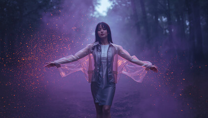 Obraz premium 霧の森で透明な未来衣装の日本人女性が光をまとう写真