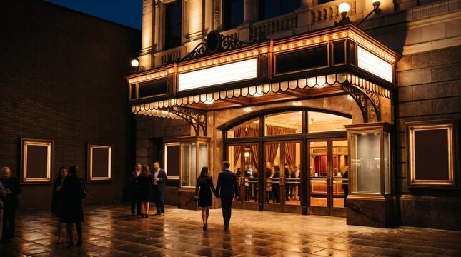 Couple walking hand in hand towards illuminated theater entrance at night with wet pavement reflecting lights