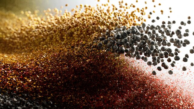 Close-up view of different colored granular materials, possibly fertilizers or industrial chemicals, suspended in motion.