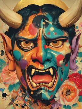 Colorful Pop Art Devil Demon Face Portrait Illustration Art