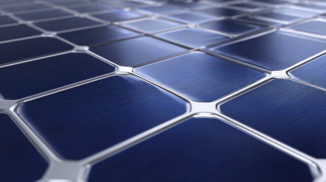 Close-up of monocrystalline solar panel with blue squares and silver busbars.
