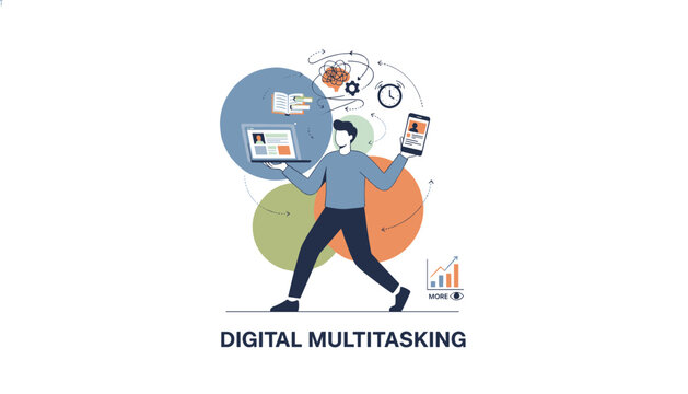 Energetic professional guy managing multiple digital tasks simultaneously in a colorful digital multitasking diagram.