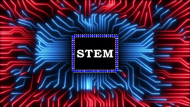Digital computer chip with glowing stem word animation on dark electronic background.