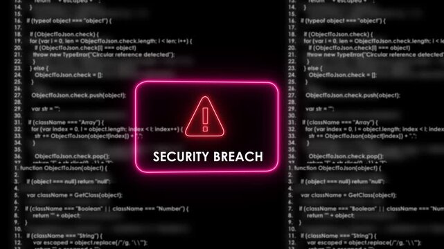 Cyber security breach warning alert with glowing neon red and scrolling software source code background, for digital data, protection, network hacking, prevention, and information, technology concepts