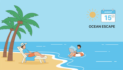 Fototapeta premium Man relaxing on beach chair under palm trees while another man works on laptop on inflatable ring in blue sea.