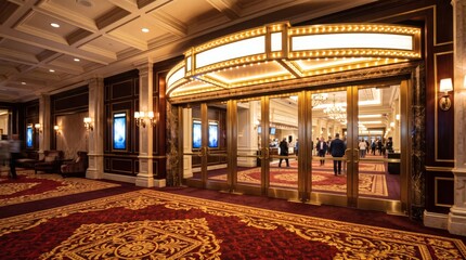 Obraz premium Luxurious hotel lobby entrance with ornate carpet and illuminated marquee