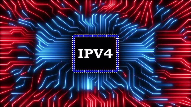 Ipv4 computer processor animation with glowing red and blue circuit board lines.