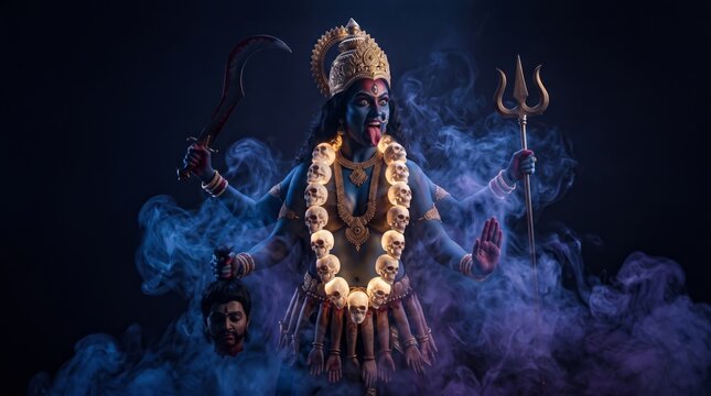 Hindu gods kali goddess emerging from blue smoke with glowing elements religion spiritual