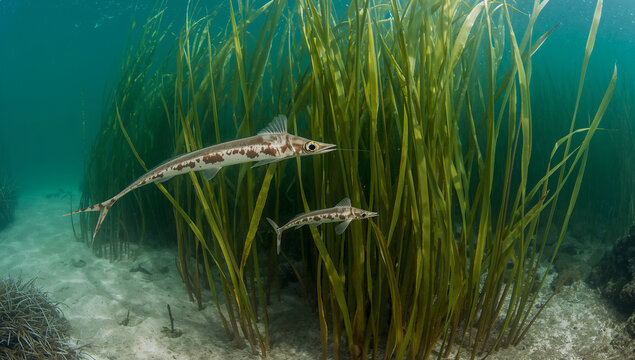 浅い海の海草にまぎれて漂うカミソリウオのペア