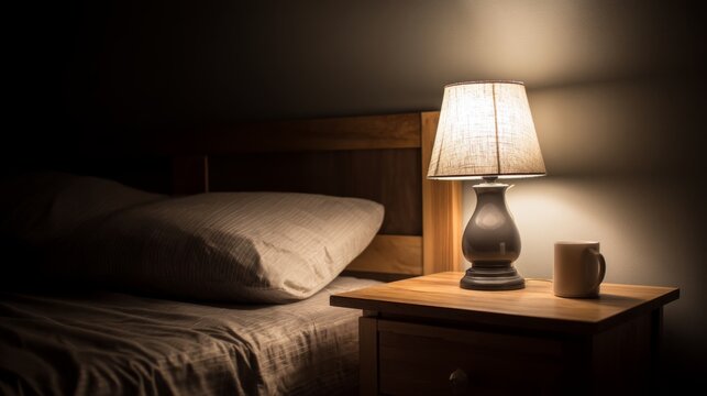Cozy bedside scene featuring a soft lamp glow illuminating a wooden nightstand with a coffee mug beside bright pillows and a warm quilt at night