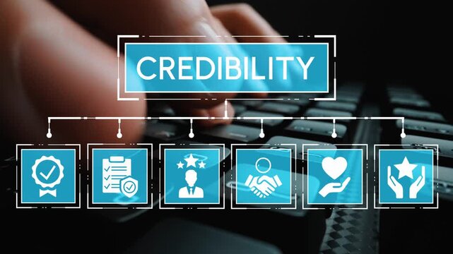 Conceptual illustration on credibility with icons representing trust, authenticity, and quality on a keyboard background in a digital workspace. Entropy.