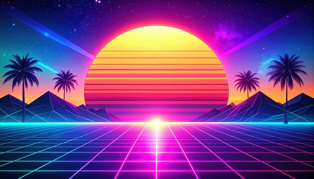 Futuristic Retro Neon Shapes Background displaying a Grid Wireframe Horizon with Glowing Pink and Purple Laser Triangles for Cyberpunk Art
