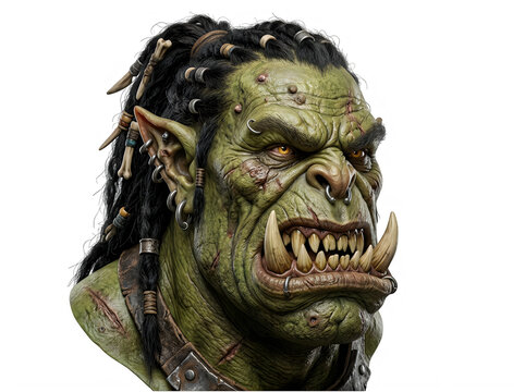 Fierce green orc warrior head with tusks and braided hair portrait