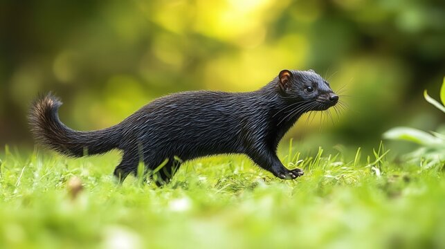 Black weasely standing in the grass.