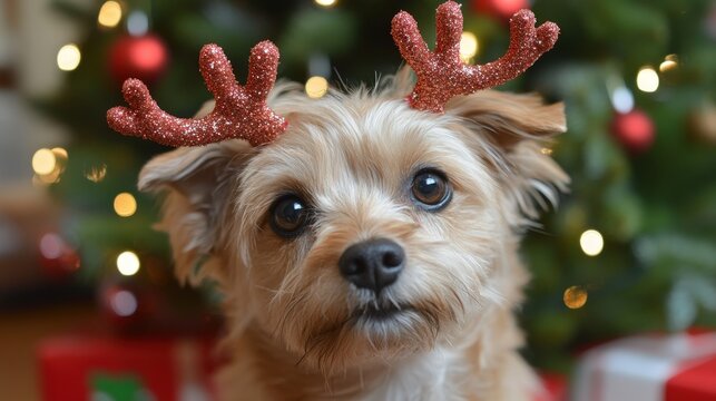 Dog with reindeer antes on his ears.