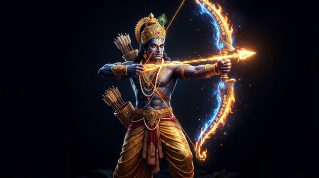 Hindu gods rama deity holding a flaming bow with religion spiritual spirituality hinduism