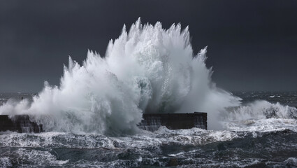 A giant wave bursting upward from a dark open sea with explosive spray, raw ocean power and stormy sea concept, dramatic seascape with towering water and copy space for text
