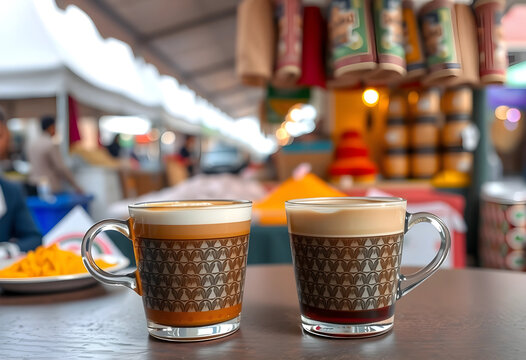 Two glasses of layered coffee on market table