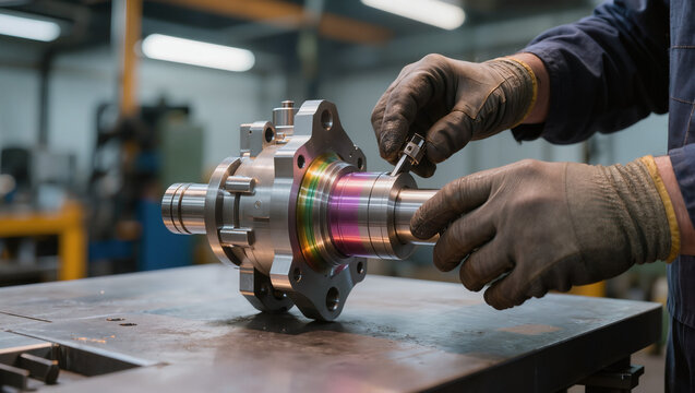 Gloved hands machining a precision anodized metal component on a workbench in a workshop, precision engineering and metalworking concept, industrial manufacturing detail with copy space for text