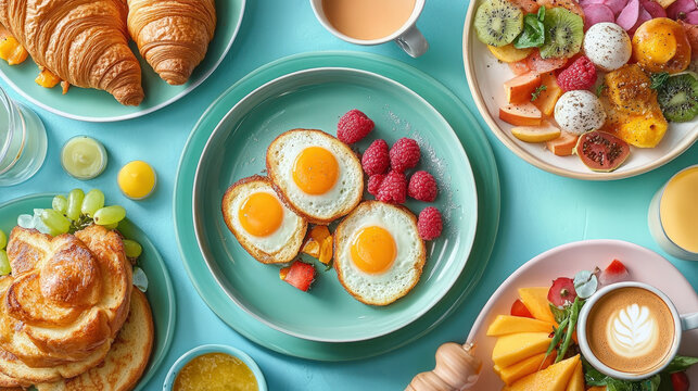 Table topped with breakfast foods and a cup of coffee.