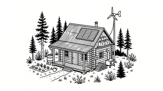 Renewable energy line art off grid log cabin with renewable sustainable electricity environment