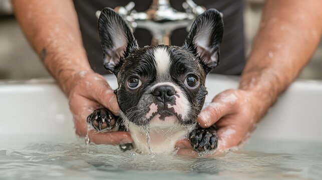 the dog is in the bath.