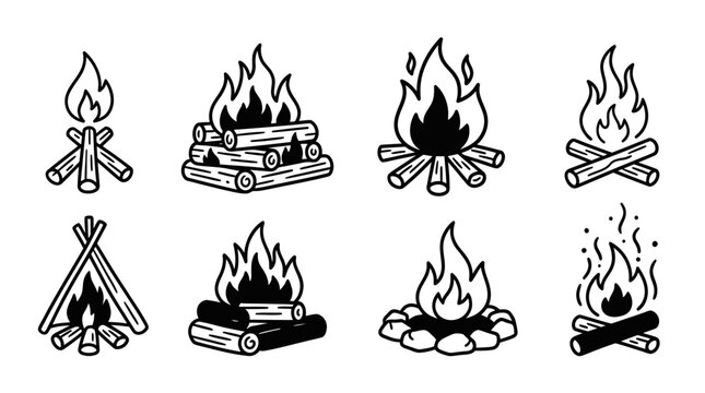 Campfire icons in black and white simple line art style