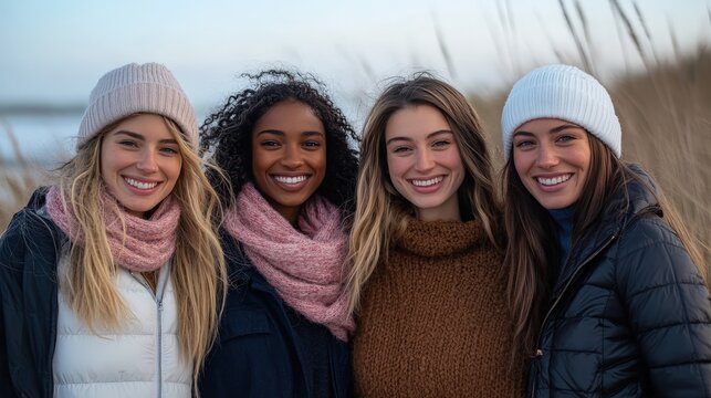 three girls in winter clothes.