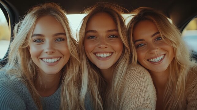 three girls smiling while in a car.