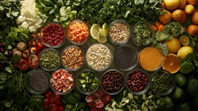 Variety of foods laid out in cups.