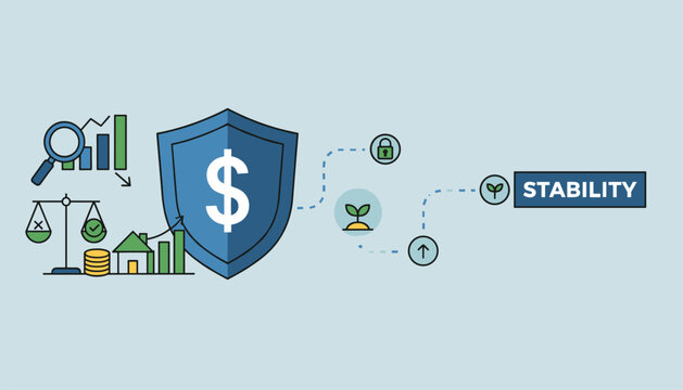Business financial stability concept featuring secure money shield protection investment growth and balance.
