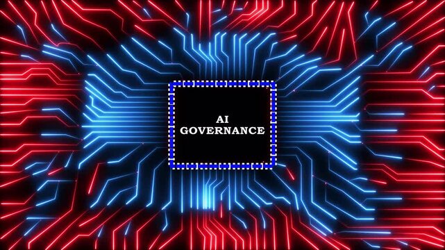 Ai governance text animated on digital microprocessor chip with glowing blue lines.