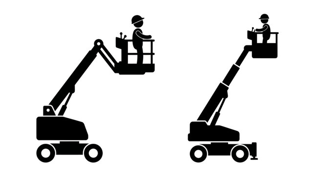 Two construction workers in cherry pickers, flat design icons
