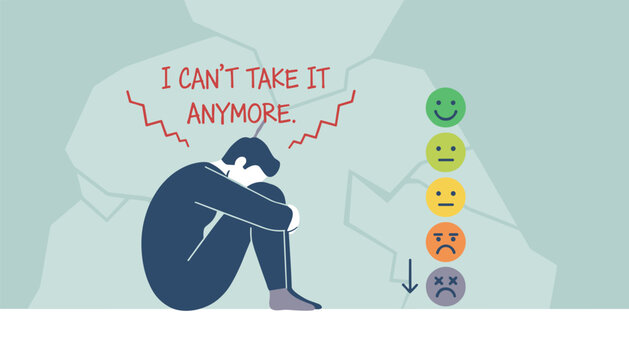 Desperate stressed employee suffering from deep psychological depression and extreme emotional burnout at work.